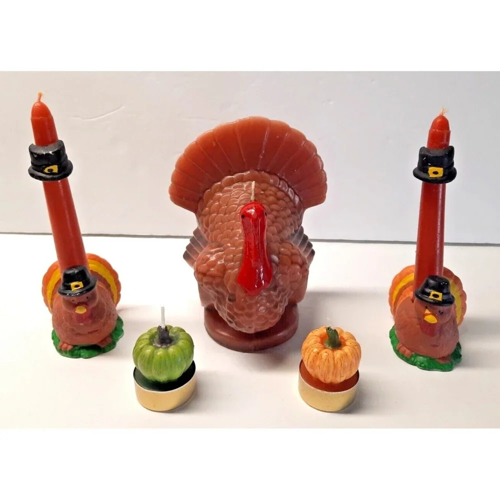 Vintage Thanksgiving Turkey Candle Set 5pc Pilgrim Pumpkin Decor Taper Pillar